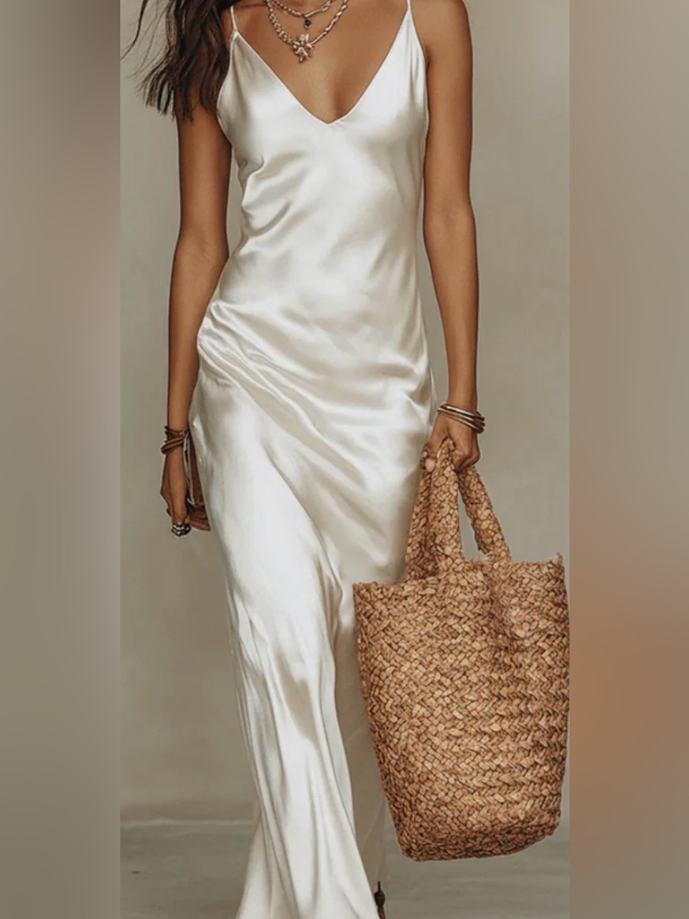 ZARA Light Silver Satin Slip Dress with Thin Straps